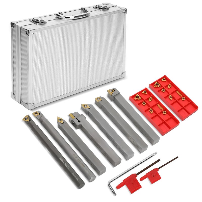 Joogto Indexable Lathe Turning Tool 21Pcs Kit 3/8'' 10mm Shank 7Pcs Metal Lathe Tools Holder Set & 14Pcs Turning Inserts for Turning Grooving Threading Boring, Lathe Tooling Ideal as Gift with Aluminum Box - Image 1